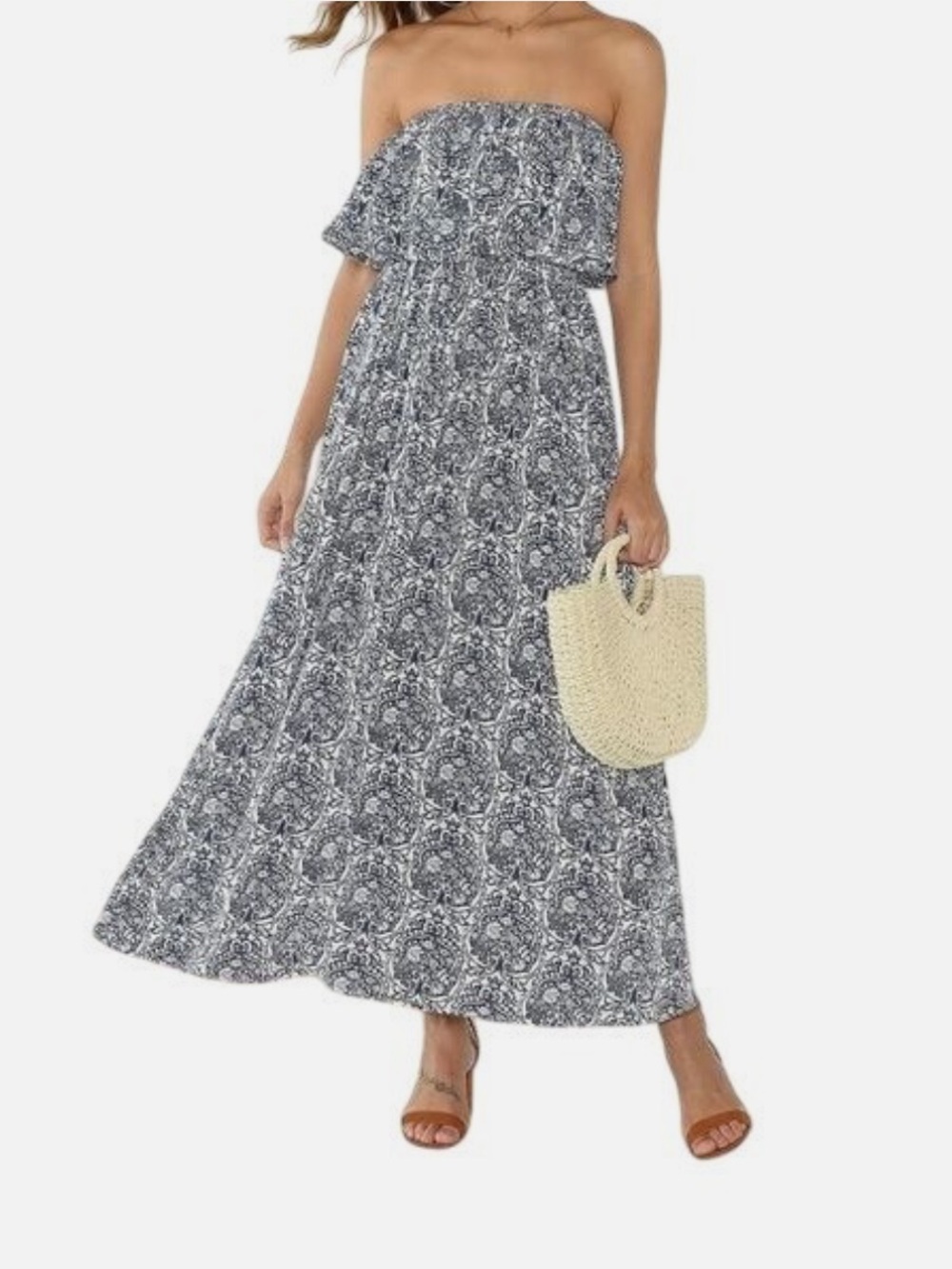 Yidarton Strapless Floral Printed Maxi Dress in Blue and White Size Small